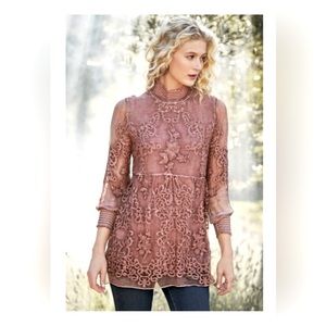 Soft Surroundings Silk Floral Embroidered Smocked High Neck Demi Tunic